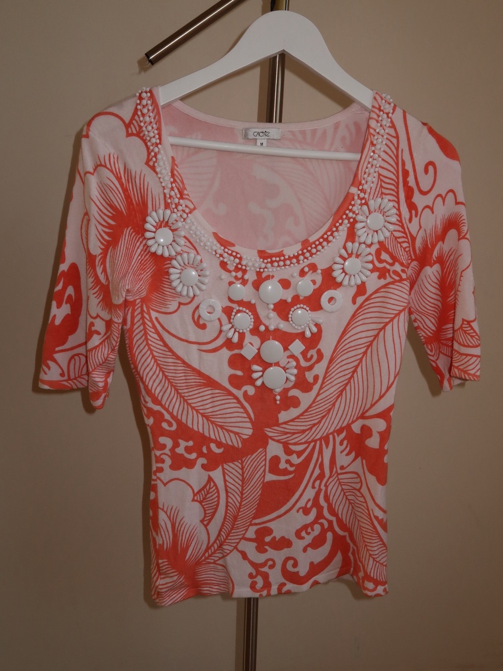 Cache White and Coral Floral Scoop Neck Top with Beaded Accents
